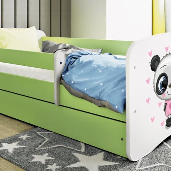 Barnsäng - Babydreams Grön - Panda Med Låda Och Madrass 160x80 Cm