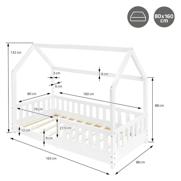 Barneseng med beskyttelse mod nedstyrtning Litterramme og tag 80x160 cm hvidt fyrretræ ML-Design