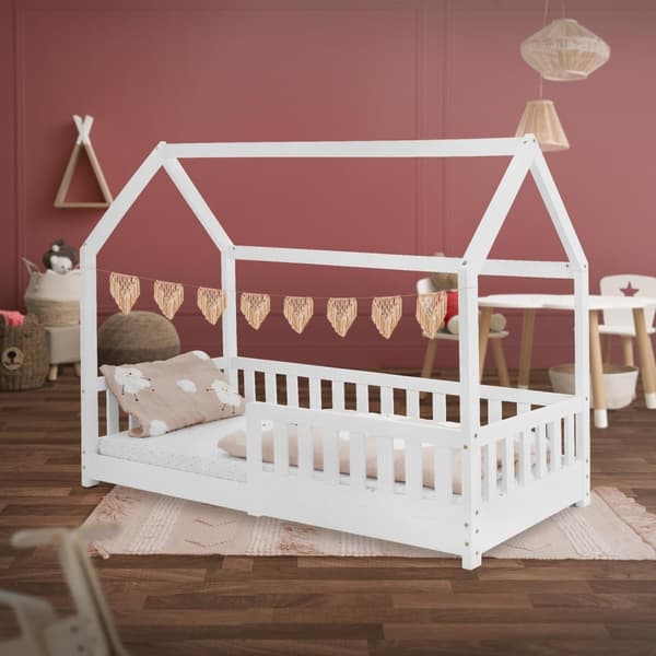 Barneseng med beskyttelse mod nedstyrtning Litterramme og tag 80x160 cm hvidt fyrretræ ML-Design