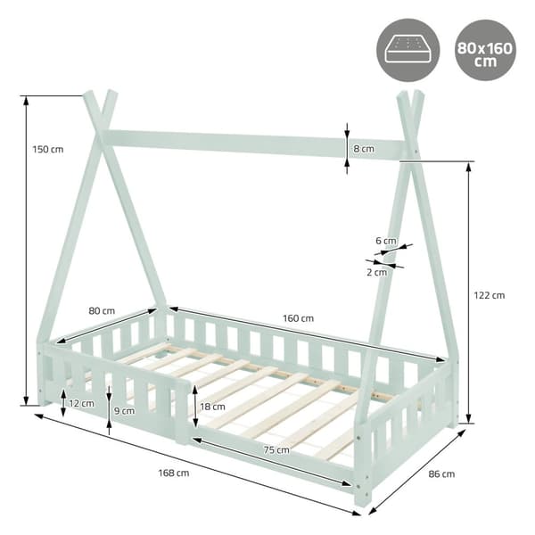 Barnsäng med skydd mot utfällning och spjälram 80x160 cm mint av furu ML-Design