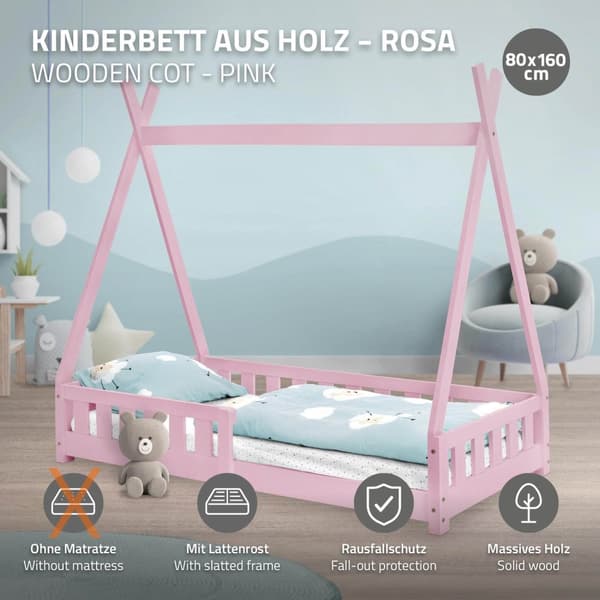 Barnsäng med skydd mot utfällning och spjälram 80x160 cm Rosa furu ML-Design