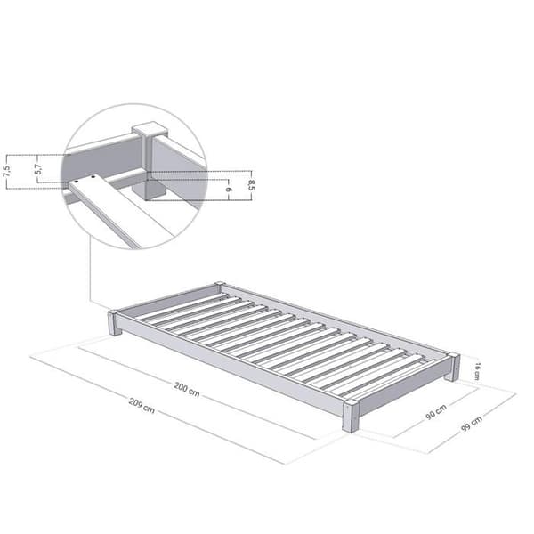 Litet enkelt TEENY 90 x 200 naturlig och grå