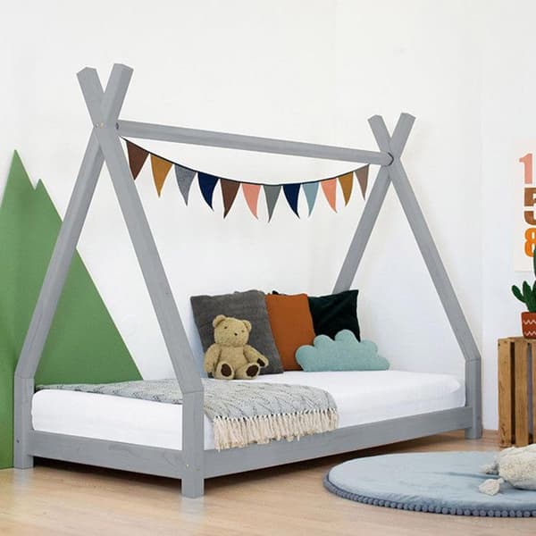 NAKANA tipi-säng för barn - Benlemi - Massivt trä - Grå - 90 x 190 cm - Boxfjäder ingår