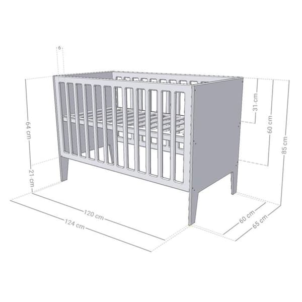 Utvecklingssäng baby naturlig färg + vita spjäll 60 x 120 cm