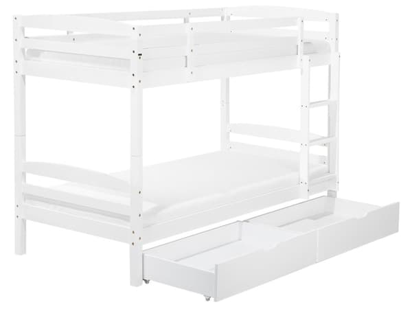 Køyeseng Hvit furu 90 x 200 cm Høy treseng for 2 med stige til barnerom Skandinavisk design med skuffer Dobbeltseng Interiørdesign