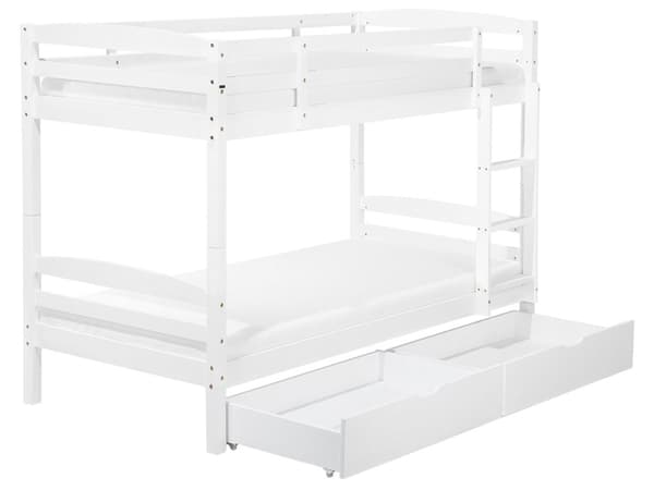 Køyeseng Hvit furu 90 x 200 cm Høy treseng for 2 med stige til barnerom Skandinavisk design med skuffer Dobbeltseng Interiørdesign