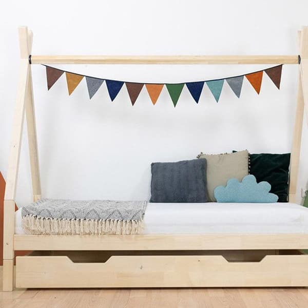 Benlemi barnsäng tipi - massivt trä - grå - 90 x 200 cm - Boxfjäder ingår - Montessori