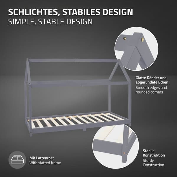 ML Design Spjälsäng 90x200cm med tak och slatt ram, ljusgrå, husbädd för tjejer och pojkar, barnhus av solid tallskog, robust ungdomssäng