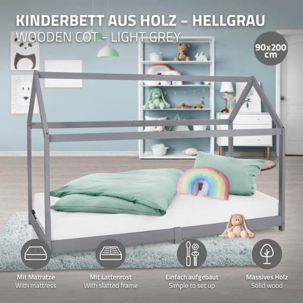 ML Design Spjälsäng 90x200cm med tak och slatt ram, ljusgrå, husbädd för tjejer och pojkar, barnhus av solid tallskog, robust ungdomssäng