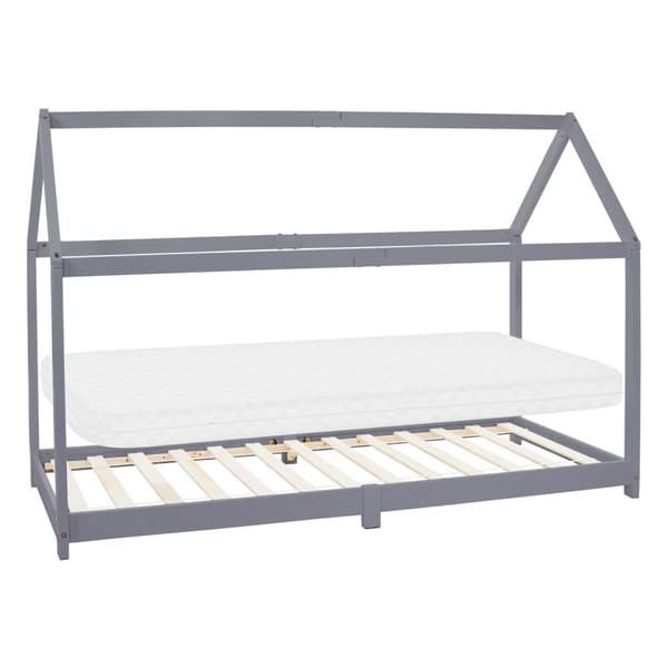 ML Design Spjälsäng 90x200cm med tak och slatt ram, ljusgrå, husbädd för tjejer och pojkar, barnhus av solid tallskog, robust ungdomssäng