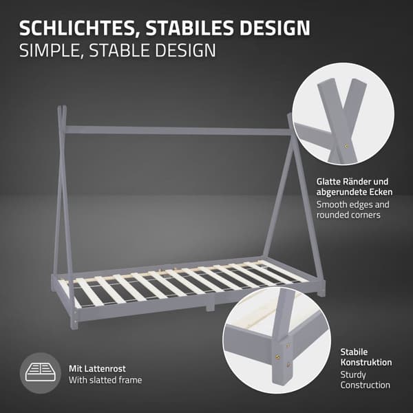 ML Design Cot Tipi 90x200cm slatted runko, vaaleanharmaa, intialainen sänky massiivipuusta, talon sänky tytöille ja pojille, lasten talon nuori sänky