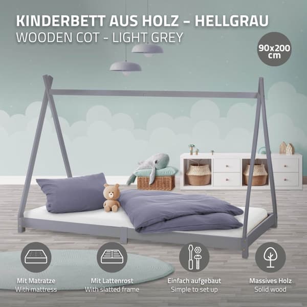 ML Design Cot Tipi 90x200cm slatted runko, vaaleanharmaa, intialainen sänky massiivipuusta, talon sänky tytöille ja pojille, lasten talon nuori sänky