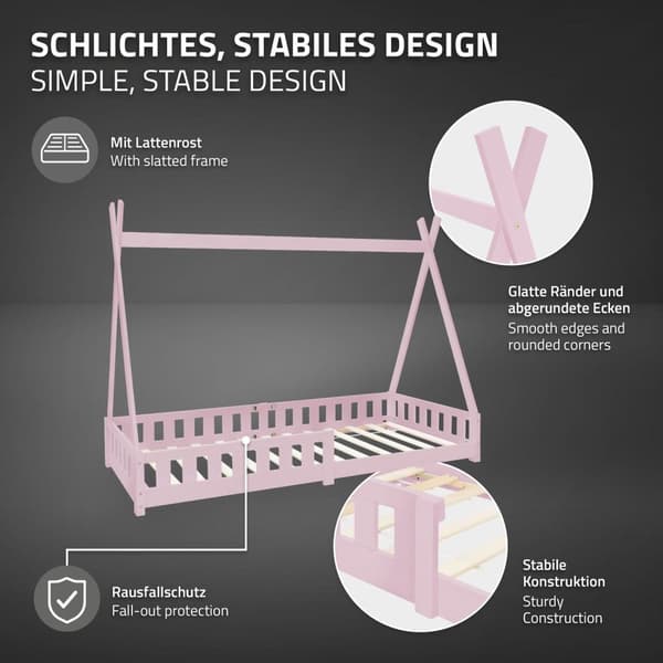 Pinnasänky Tipi Pink Fall-Out Protection Puinen sänky House Bed Pine 200x90cm