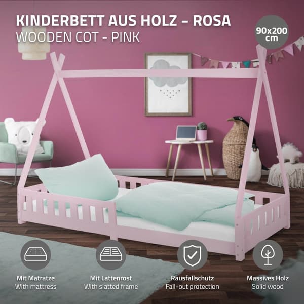 Pinnasänky Tipi Pink Fall-Out Protection Puinen sänky House Bed Pine 200x90cm