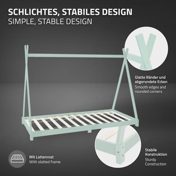 ML Design COT TIPI 90 x 200cm med slattedramme, mynte, indisk seng lavet af massivt træ, hus seng til piger og drenge, børnehus ungdoms seng træ seng