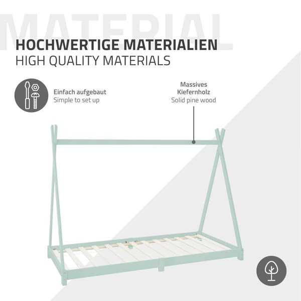 ML Design COT TIPI 90 x 200cm med slattedramme, mynte, indisk seng lavet af massivt træ, hus seng til piger og drenge, børnehus ungdoms seng træ seng