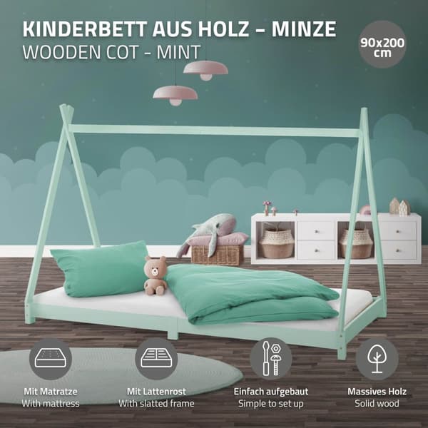 ML Design COT TIPI 90 x 200cm med slattedramme, mynte, indisk seng lavet af massivt træ, hus seng til piger og drenge, børnehus ungdoms seng træ seng