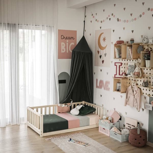 Montessori taaperon lattiasänky kiskoilla Kahden hengen sängyn runko, Parvisänky taaperolle Matalatasoinen sänky lasten sänkylle Taaperosänky Montesso