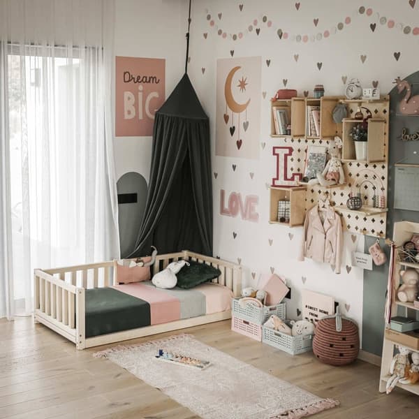 Montessori taaperon lattiasänky kiskoilla Kahden hengen sängyn runko, Parvisänky taaperolle Matalatasoinen sänky lasten sänkylle Taaperosänky Montesso