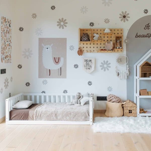 Montessori taaperon lattiasänky kiskoilla Kahden hengen sängyn runko, Parvisänky taaperolle Matalatasoinen sänky lasten sänkylle Taaperosänky Montesso