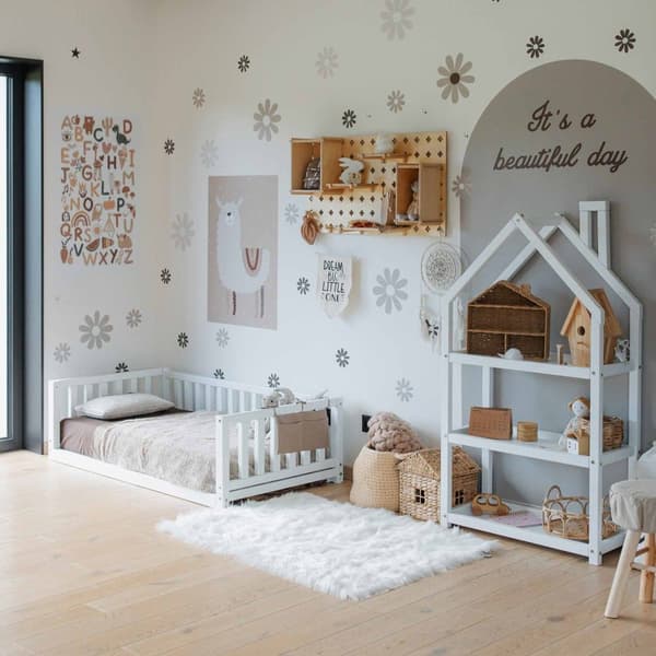 Montessori taaperon lattiasänky kiskoilla Kahden hengen sängyn runko, Parvisänky taaperolle Matalatasoinen sänky lasten sänkylle Taaperosänky Montesso