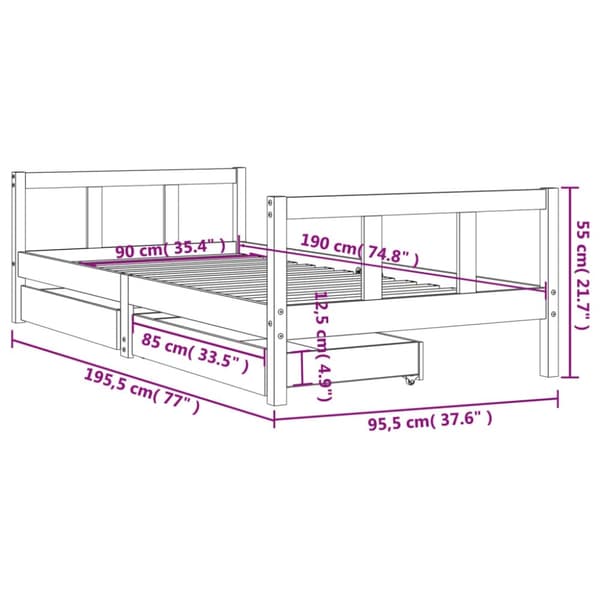 vidaXL Sängram med lådor för barn vit 90x190 cm massiv furu