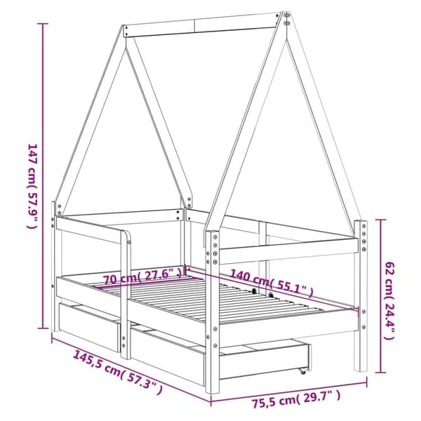 vidaXL Barnesengeramme med skuffer 70x140 cm heltre furu