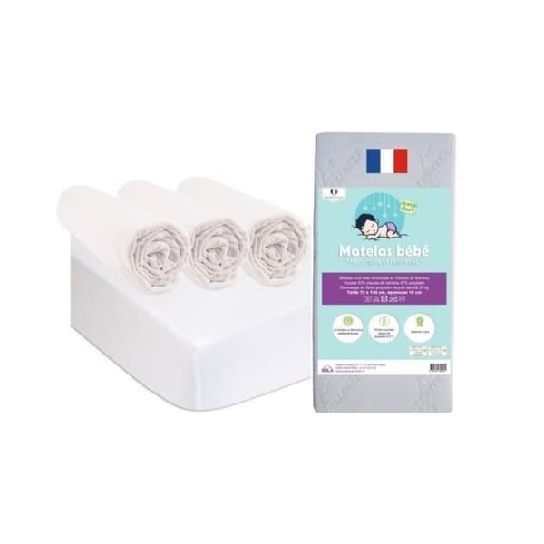 KIT PRAKTIK BABY Madrass 70x140 Spjälsäng Barnsäng + 3 Ekologiska Fodral + 2 Ekologiska Skydd | GOTS Certifierad | Tillverkad i Frankrike EU