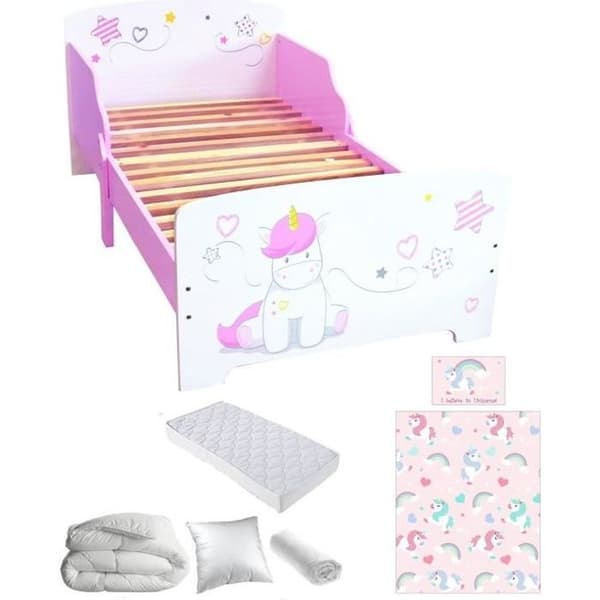 Unicorn barnsäng - Premium komplett paket - Rosa och vit - Madrass och sängkläder ingår