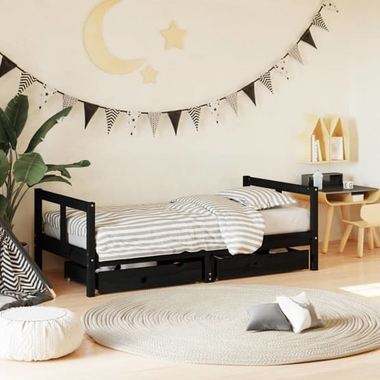 Sängram Med Lådor För Barnsäng 80X160 Cm Massiv Furu Svart