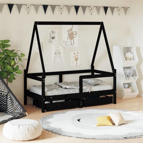 Sängram För Barnsäng M. Lådor Massiv Furu Svart 70X140 Cm