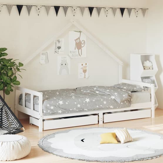 Sängram Barnsäng M. Lådor Vit 90X200 Cm Massiv Furu