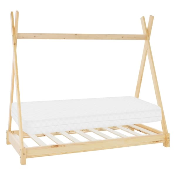 ML Design Cot Tipi 80 x 160cm slotted runko, luonto, intialainen sänky massiivipuuta, talon sänky tytöille ja pojille, lasten talon nuori sänky puinen