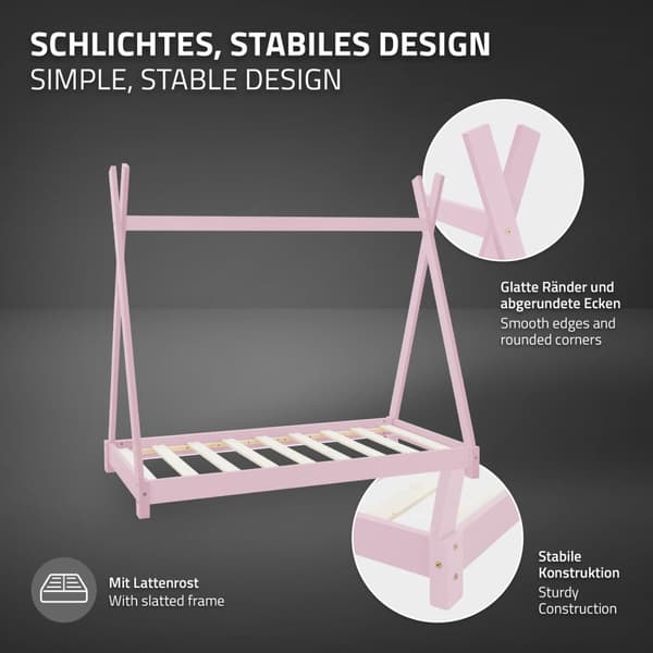 ML Design Cot Tipi 80x160cm slotted runko, vaaleanpunainen, intialainen sänky massiivipuuta, talon sänky tytöille, mänty puu, lasten talon nuori sänky