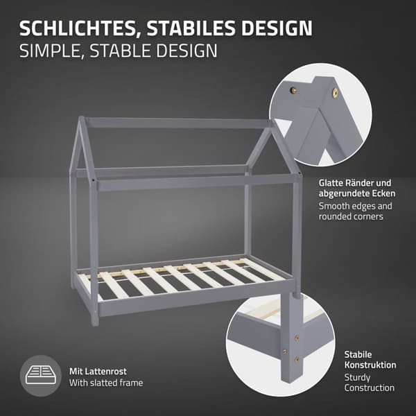 ML Design Spjälsäng 80x160cm med tak och slatt ram, ljusgrå, husbädd för tjejer och pojkar, barnhus av solid tallskog, robust ungdomsbädd