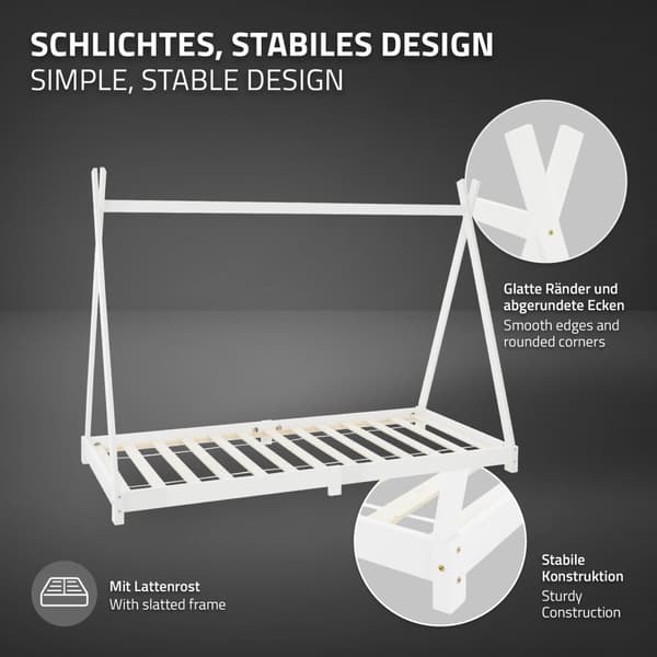 ML Design cot tipi 90 x 200cm med slatt ram, vit, indisk säng gjord av massivt trä, hus säng för tjejer och pojkar, barn hus ungdom säng trä säng