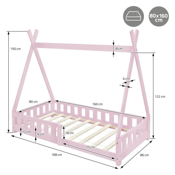 ML-Design Barnsäng Tipi 80x160 cm Rosa med madrass; fallskydd och ribbotten; av tallträ; Massivt träindianbädd för flickor och pojkar; husbädd med