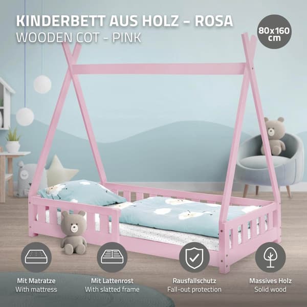 ML-Design Barnsäng Tipi 80x160 cm Rosa med madrass; fallskydd och ribbotten; av tallträ; Massivt träindianbädd för flickor och pojkar; husbädd med