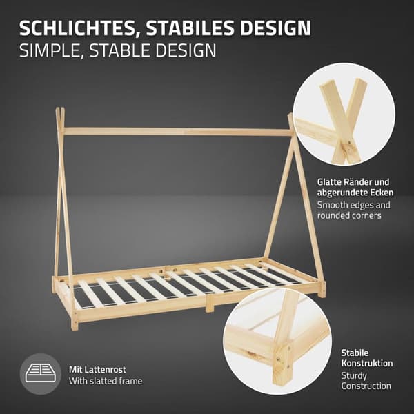 ML Design Cot Tipi 90 x 200 cm slotted runko, luonto, intialainen sänky massiivipuusta, lasten talon nuori sänky puinen sängyn sänky