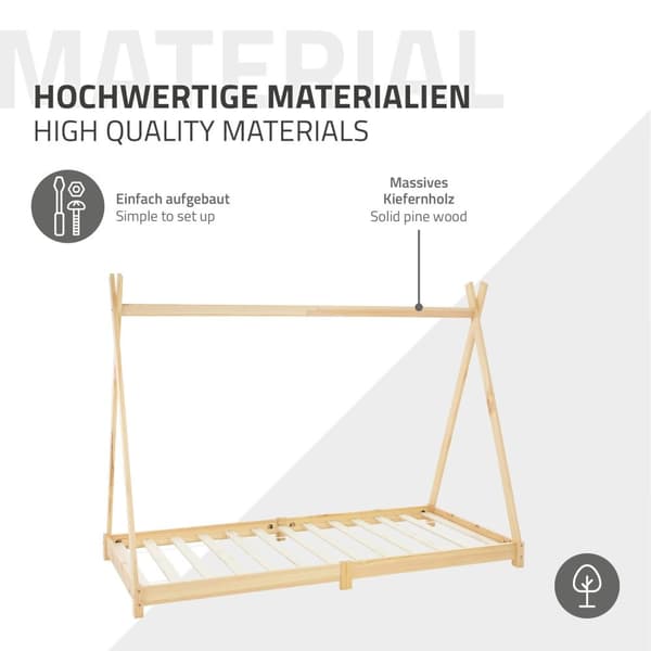 ML Design Cot Tipi 90 x 200 cm slotted runko, luonto, intialainen sänky massiivipuusta, lasten talon nuori sänky puinen sängyn sänky