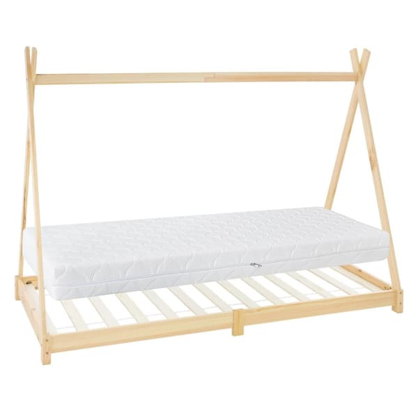 ML Design Cot Tipi 90 x 200 cm slotted runko, luonto, intialainen sänky massiivipuusta, lasten talon nuori sänky puinen sängyn sänky