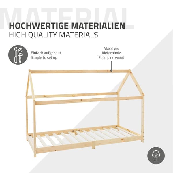 ML Design Spjälsäng 90 x 200 cm med tak och slattram, natur, husbädd för tjejer och pojkar, barnhus av solid tallskog, robust ungdomssäng