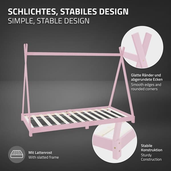 ML Design cot tipi 90 x 200cm med slatt ram, rosa indisk säng gjord av massivt trä, husbädd för tjejer, tall trä, barn hus ungdom säng trä säng säng
