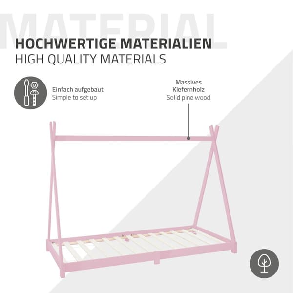ML Design cot tipi 90 x 200cm med slatt ram, rosa indisk säng gjord av massivt trä, husbädd för tjejer, tall trä, barn hus ungdom säng trä säng säng