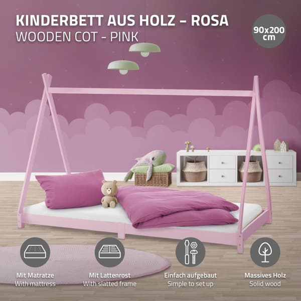 ML Design cot tipi 90 x 200cm med slatt ram, rosa indisk säng gjord av massivt trä, husbädd för tjejer, tall trä, barn hus ungdom säng trä säng säng