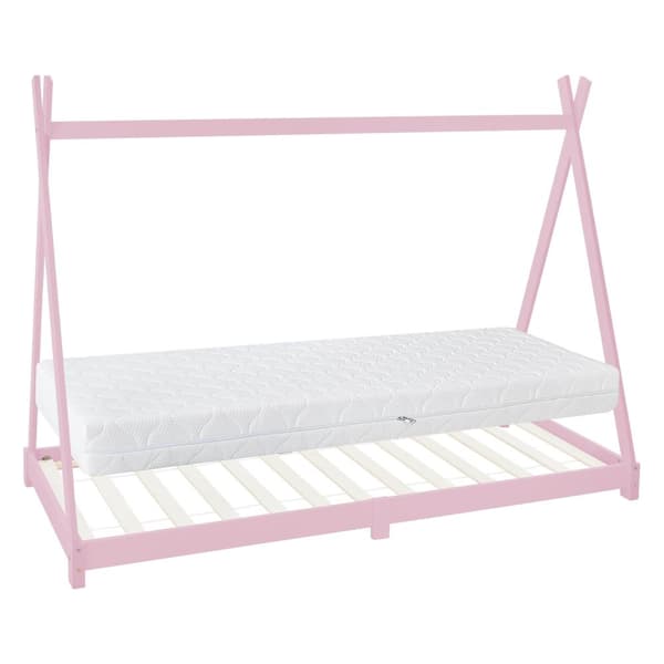 ML Design cot tipi 90 x 200cm med slatt ram, rosa indisk säng gjord av massivt trä, husbädd för tjejer, tall trä, barn hus ungdom säng trä säng säng