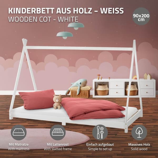 ML Design cot tipi 90 x 200cm med slatt ram, vit, indisk säng gjord av massivt trä, hus säng för tjejer och pojkar, barn hus ungdom säng trä säng