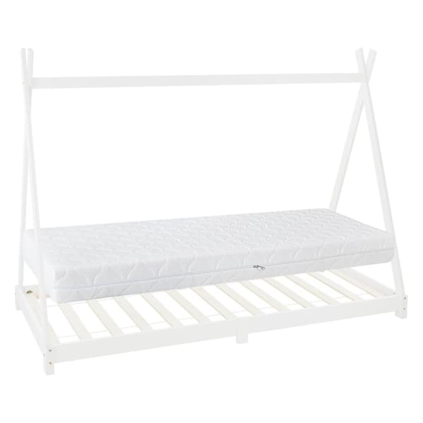 ML Design cot tipi 90 x 200cm med slatt ram, vit, indisk säng gjord av massivt trä, hus säng för tjejer och pojkar, barn hus ungdom säng trä säng