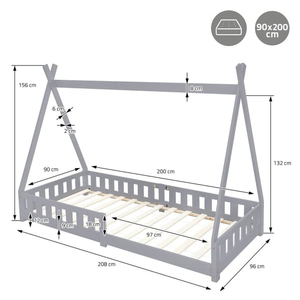 Pinnasänky Tipi harmaa putoamissuoja puinen sänky talo sänky mänty puu 200x90cm