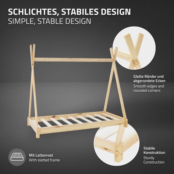 Barnsäng tepee med spjälram och madrass 70x140 cm naturlig furu ML-design